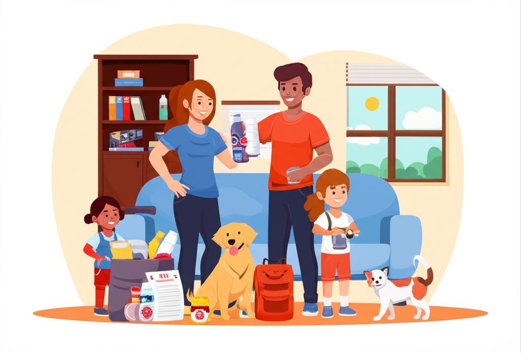 Illustration of a prepared family with their dog and cat and an emergency kit