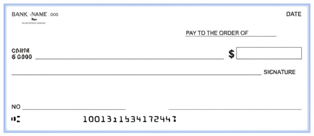 Blank check template showing the location of routing number (bottom left 9 digits) and account number (middle digits at bottom)