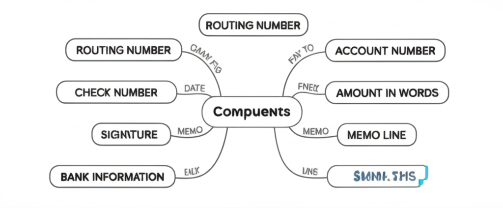 Mind map showing all components of a check including routing number, account number, check number, date, payee, amount, memo, and signature areas